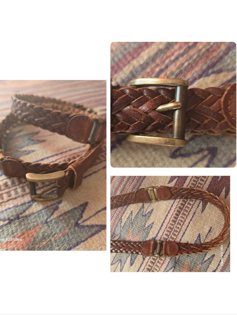 VTG Boho Braided Brown Leather Belt Brass Buckle Unbranded - Picture 1 of 10
